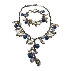 Set of 2 Cookie Lee‎ Silvertone Blue Rhinestones Necklaces & Toggle Bracelet